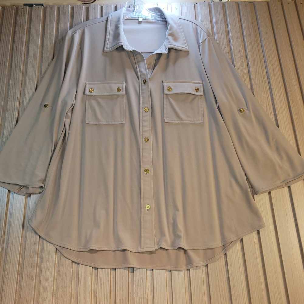 Company Ellen Tracy Khaki Roll Tab Sleeve Button Down Shirt XL EFSQ1075